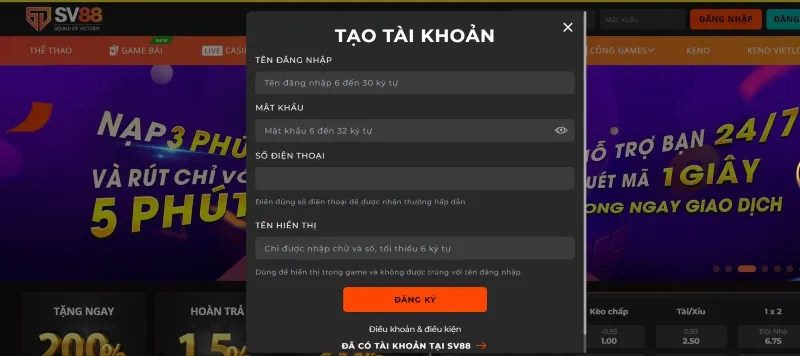 tạo tài khoản SV88